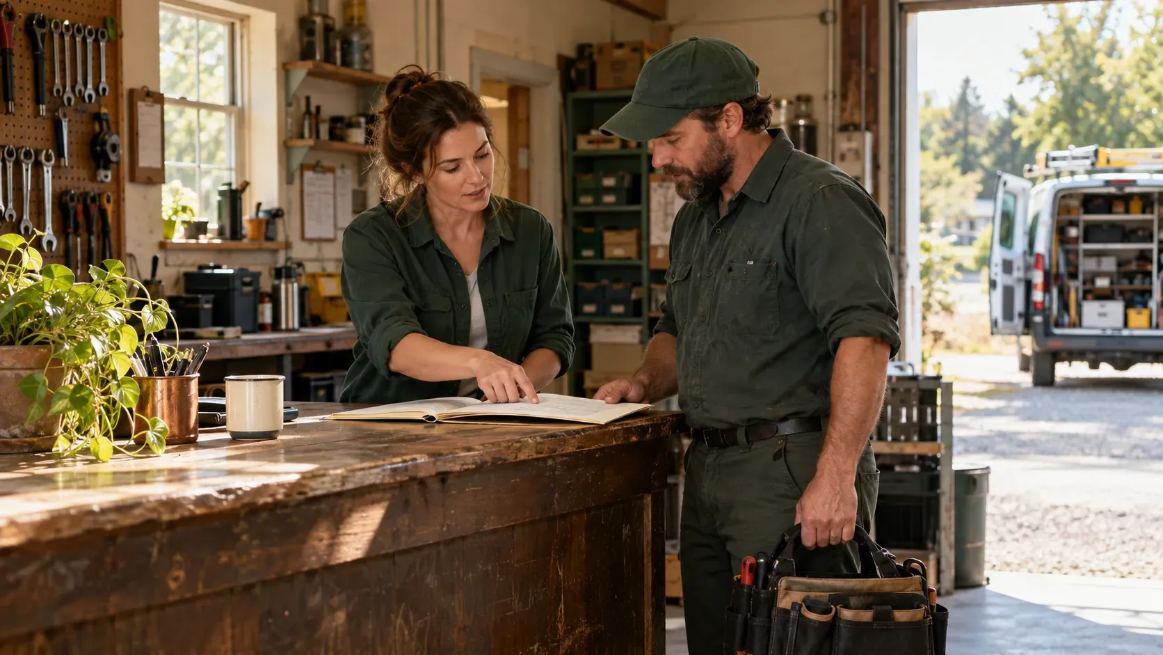 A service coordinator and a field technician review a job folder at a wooden workshop counter.