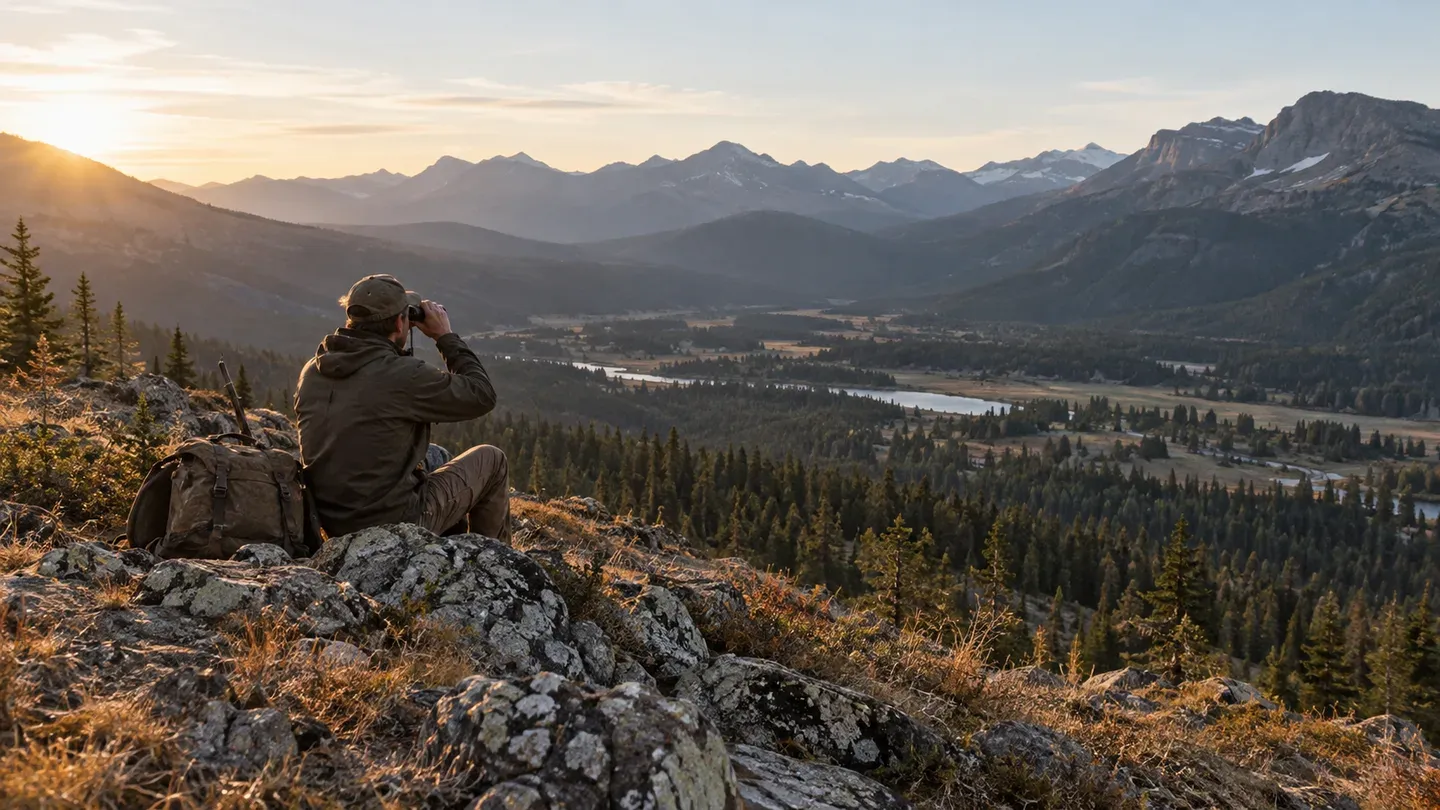 A hunter seated on a rocky mountainside looks through binoculars across a forested valley.