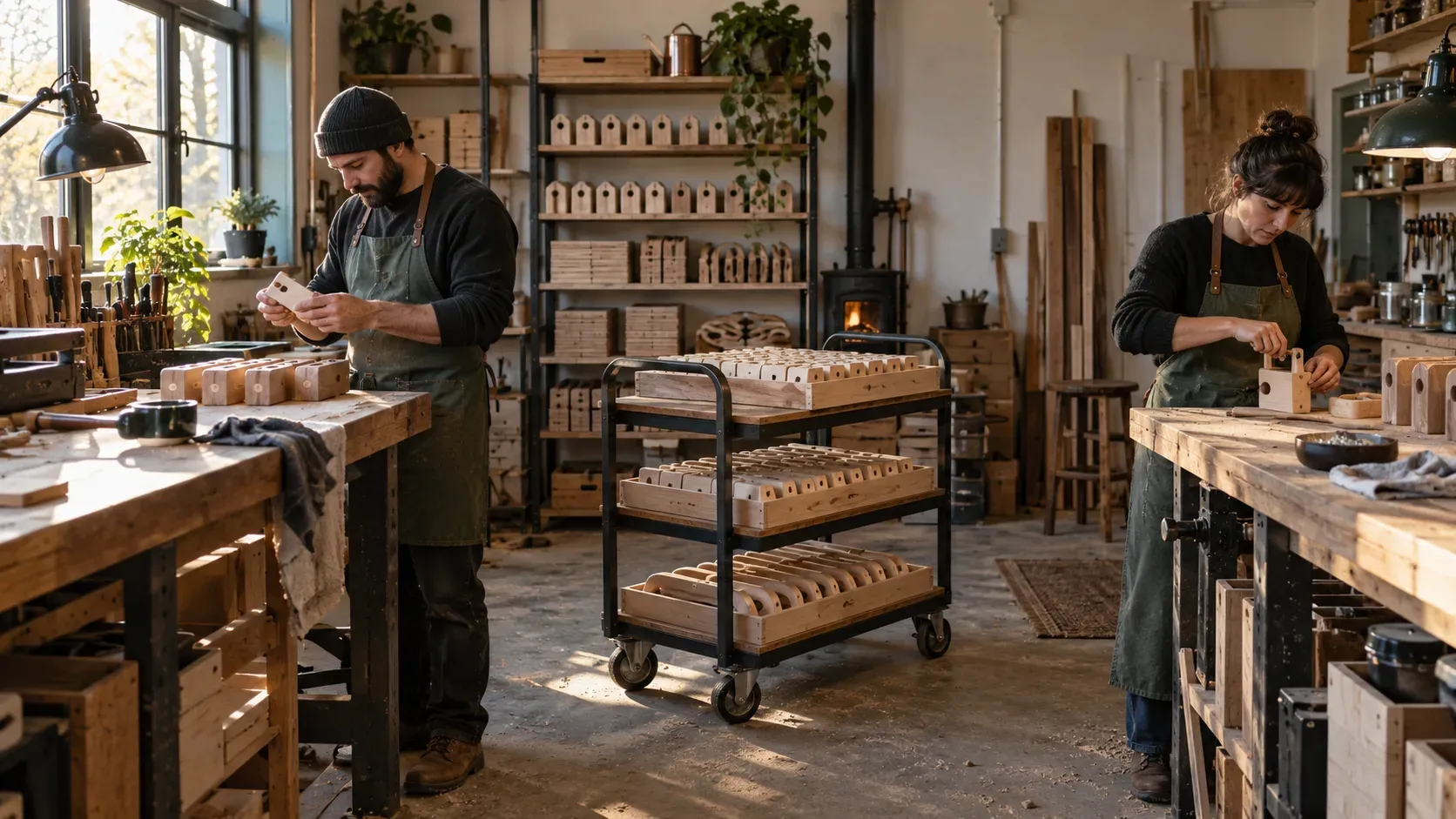 Two craftspeople work at separate benches beside a rolling cart of organized wooden parts.