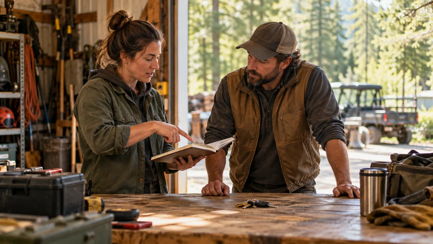 Two coworkers review a notebook at a wooden workbench in an open workshop.