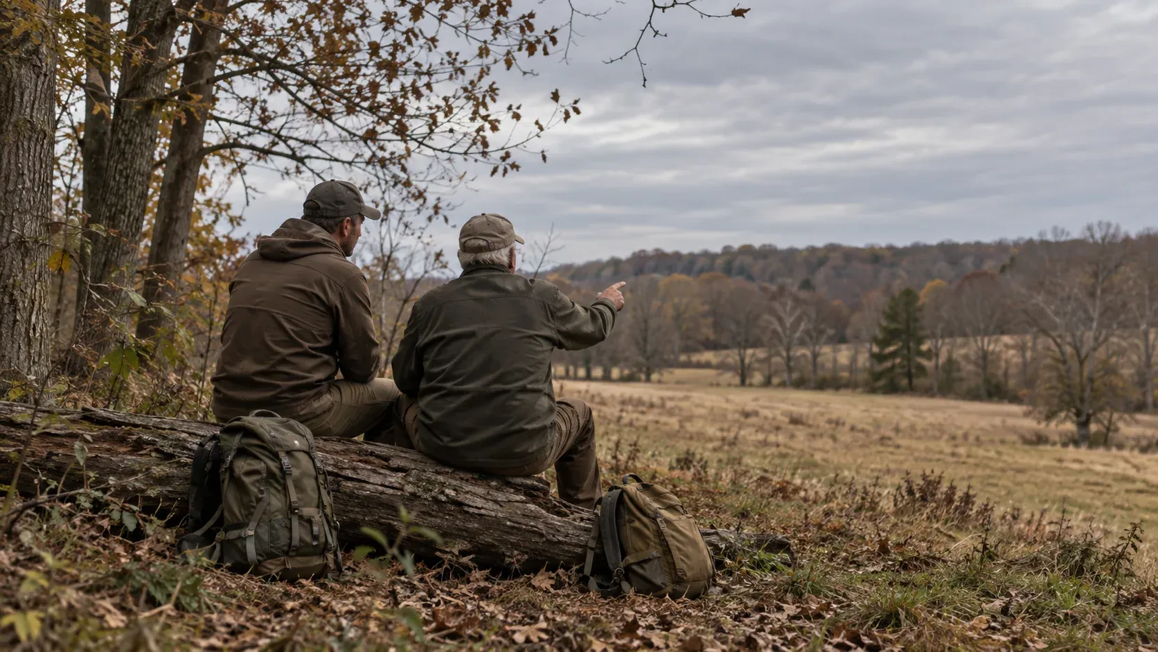 Two men in outdoor clothing sit on a fallen log overlooking a field, with one pointing into the distance.