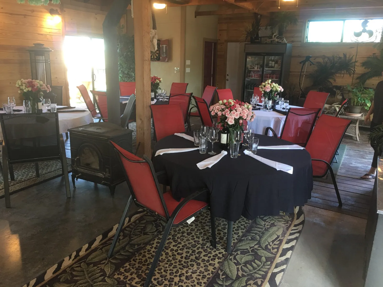 The ranch dining room set for a meal